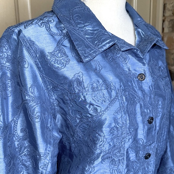 Susan Graver Blue Dupioni Texture Satin Floral Embroidery Jacket Coastal Grandma - Picture 9 of 12